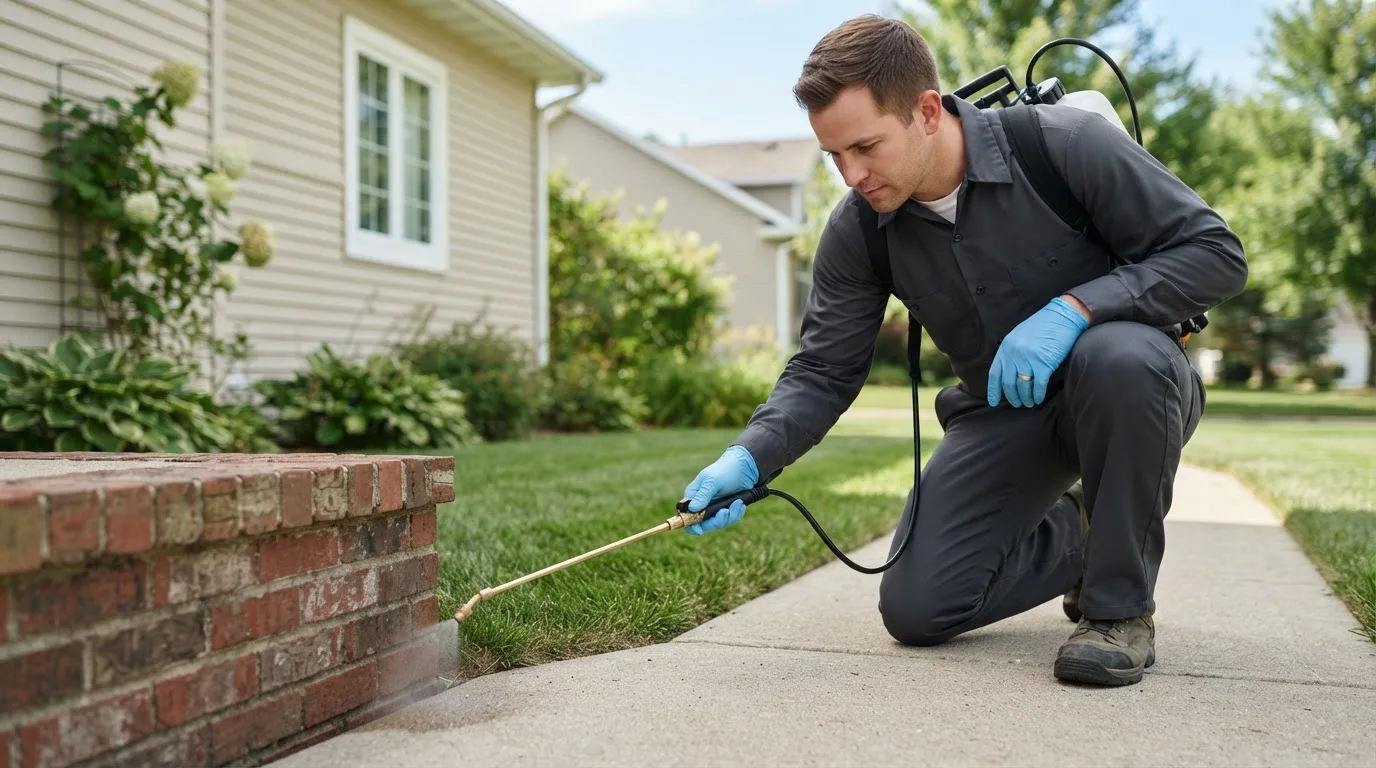 Pest control technician treating a home near Jay, NY